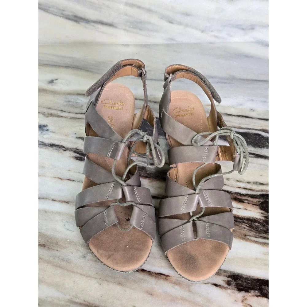 Clarks‎ Collection Taupe Leather Strappy Cork Wedge Sandals 9.5M